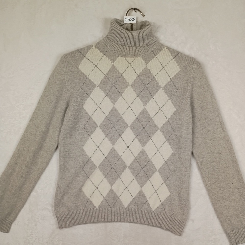 Regina Schrecker Sweater Women Large Grey Argyle Cashmere Turtleneck Preppy Y2K
